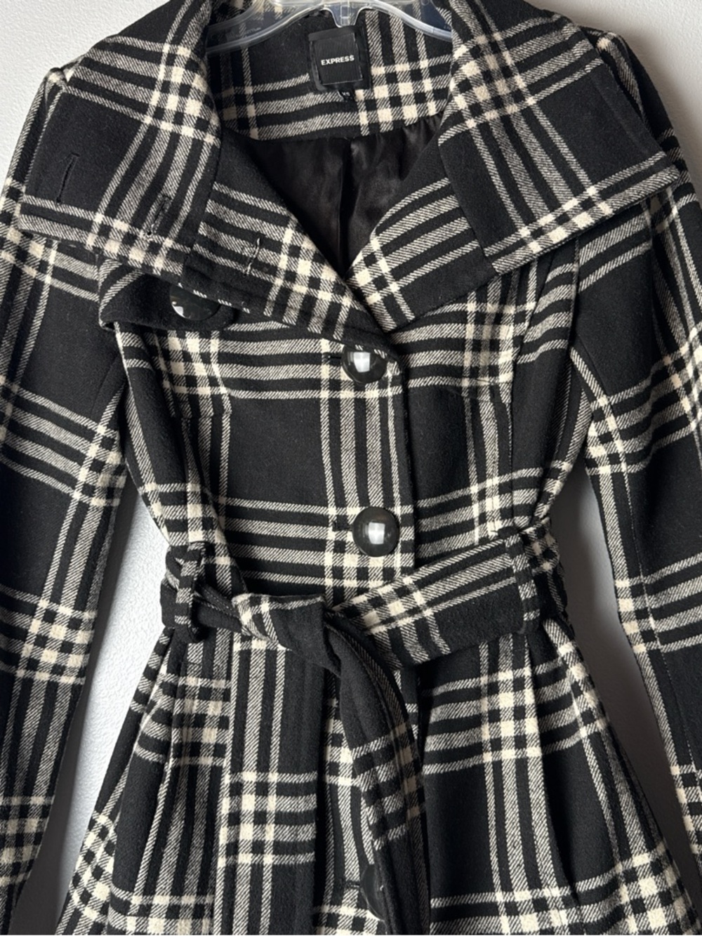 Vintage Express Black & Cream Plaid Belted Fit-and-Flare Coat Wool Blend - Picture 2 of 8